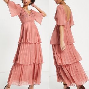 Asos Design Wedding Guest Midi Dress Tiered Skirt Flowy Deep Rose Size 16 Tall